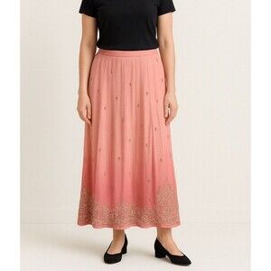 Soft Surroundings Pink Embroidered Midi Skirt XS Viscose Boho Metallic India